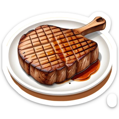 Cinematic thick-cut scotch t-bone steak, perfectly seared with grill marks, a grilled center, rich and savory, warm glow, sizzling and mouthwatering, highly detailed and appetizing. sticker
