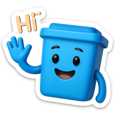 3D emoji style blue bin with a smiling face, waving and saying hi sticker