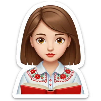 A Ukrainian girl with brown hair in an embroidered shirt reads a red book sticker