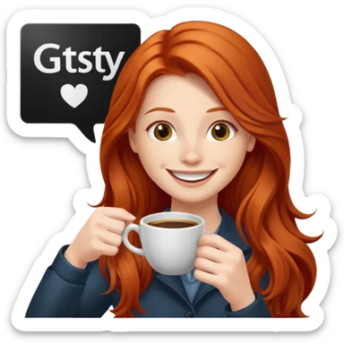 Excited long haired redhead drinking coffee with a sign in front saying GTSY sticker