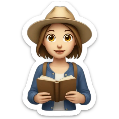 white skin, Girl with a hat, brown hair straight to the shoulders, holding a book sticker