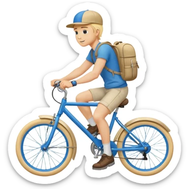 A blond guy in a cap and with a backpack on his back rides a blue bike sticker