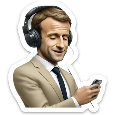 Emmanuel Macron with iPhone wired to earphones vibing at the music sticker
