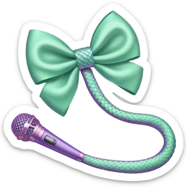 A pastel pink bow with a pastel green snake on the top of one side and a pastel purple microphone on the bottom of the other side sticker