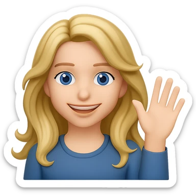Make her eyes blue, keep her as an 18 year old girl with long, wavy, dirty blonde hair waving, emoji style, smiling, with no background sticker