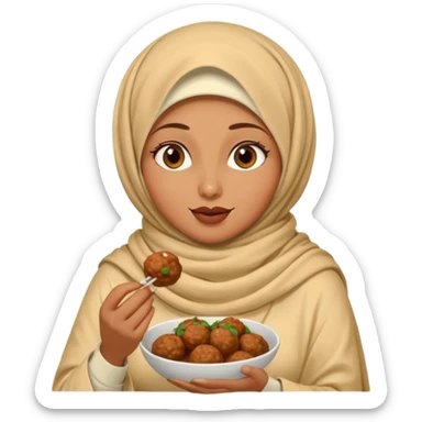 woman wearing a cream colored pashmina hijab eating meatballs sticker