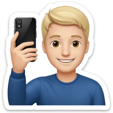 young manwith phone in histhand, happy, selfie style. @emoji sticker