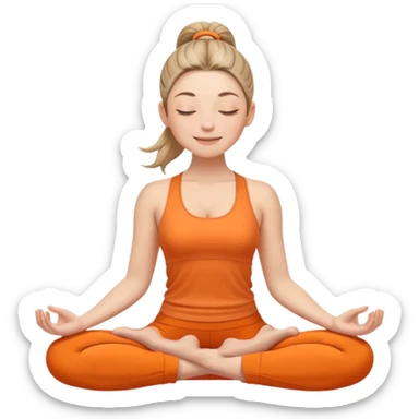 white woman with ponytail hairstyle, sitting in lotus position, eyes closed with a subtle happy smile, wearing orange yoga outfit sticker