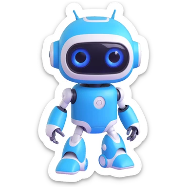 Astro Bot from PlayStation, cute robot with blue and white body, expressive digital eyes, playful pose, modern 3D style sticker
