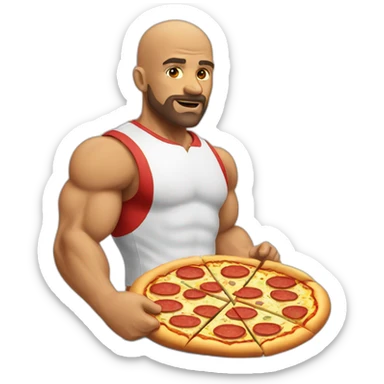muscular bald man with short beard eating a pizza sticker
