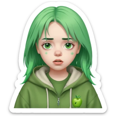 Billie Eilish with green hair, oversized clothing, moody expression, pop star vibe, Apple emoji style sticker