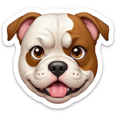 Cinematic Comical White and Brown American Bulldog Portrait Emoji, Head tilted dramatically with an exaggeratedly shocked or offended expression, short white fur with bold brown patches, wide, expressive brown eyes filled with exaggerated disbelief, Simplified yet hilariously expressive features, highly detailed, glowing with a slightly sassy glow, high shine, dramatic yet playful, stylized with an air of attitude, bright and endearing, soft glowing outline, capturing the essence of a sassy and over-the-top pup, so meme-worthy it feels like it could side-eye its way into internet fame instantly! sticker