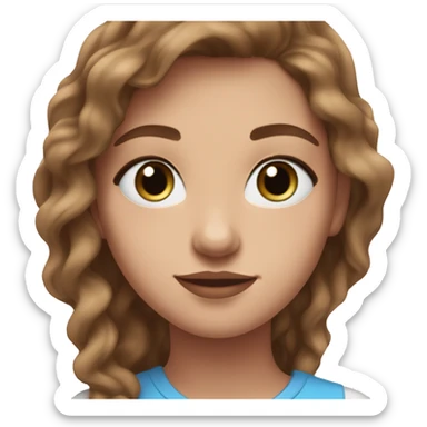 Medium skim tone teenage girl, wavy long brown hair, blue eyes, long eyelashes, light pink lips  sticker