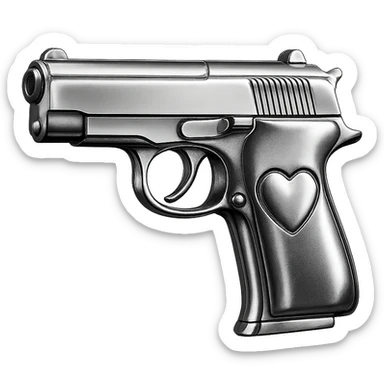 green heart pistol, chrome style, shiny metallic reflections sticker