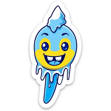 Cartoon character with blue face, frozen icicles, chattering teeth, freezing expression sticker