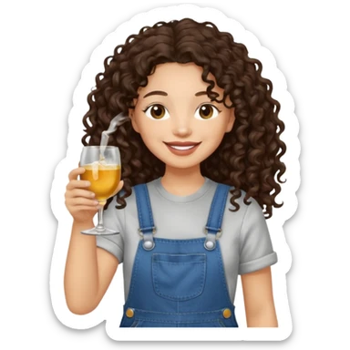 Curly haired curl with long dark brown hair and light skin in overalls toasting with alcohol  sticker