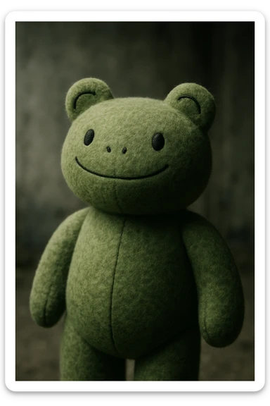 soft plush toy combining a teddy bear's body in green and a frog's head, with plush texture and playful features sticker