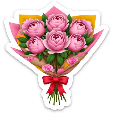 Bouquet of pink flower like rose and peony wrapped in kraft paper with red bow sticker