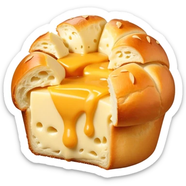 Brazilian cheese bread with a bite taken out, showing cheesy inside sticker
