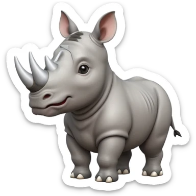 A big 3D cartoon rhino standing on dry ground, thick gray skin, small horn on nose, kind expression, bright daylight and soft shadows, Memoji-style. sticker