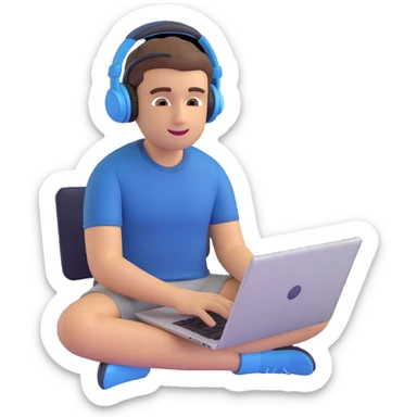 memoji of a college student, sitting with a laptop, relaxed, wearing headphones sticker