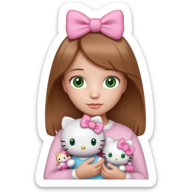 Girl with natural green eyes and light brown hair and she have a hello kitty doll with her hand sticker