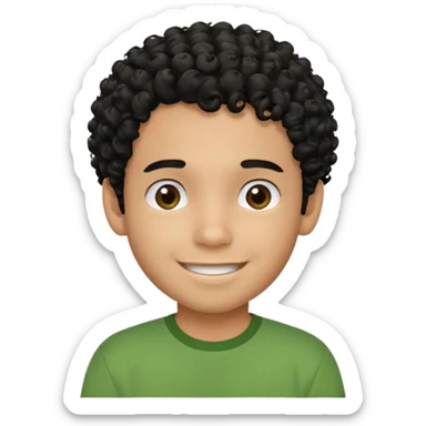 Curly, dominican boy, Phototype II, black hair, with green shirt sticker