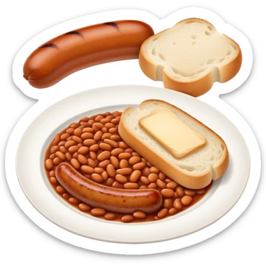 2 sausages with baked beans and a slice of bread, all on a plate sticker