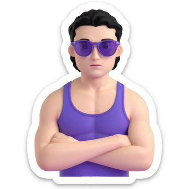 shirtless male athlete with white skin and moderately curly black hair on top with shaved sides, wearing purple sunglasses with black tinted lenses sticker