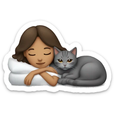 Brunette brown Girl and grey cat sleeping  sticker