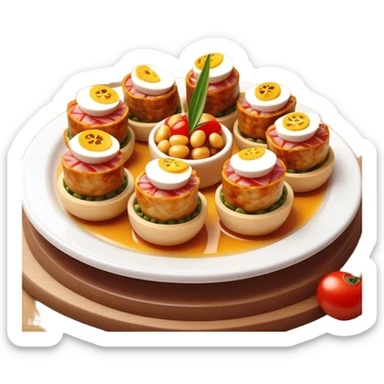 Tapas (4 Pintxos) Cinematic Realistic Tapas Dish Emoji, depicted as an assortment of 4 pintxos elegantly arranged on a plate, rendered with lifelike textures and vibrant, inviting lighting. sticker