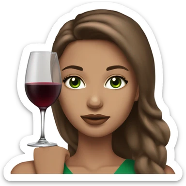 Beautiful green eyed model with brown hair, beige skin, with a wine, with a makeup  sticker