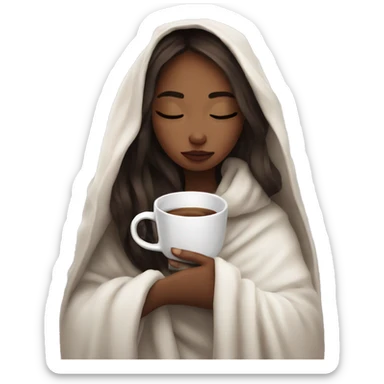 Cozy aesthetic girl wrapped in a white blanket holding a cup of coffe, eyes closed  sticker