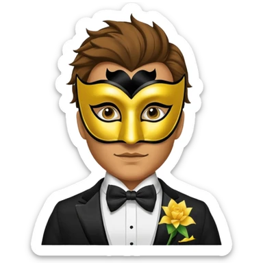 A man facing forward wearing a tuxedo with a yellow canary mask. The canary mask is in the style of a Venetian carnival mask. sticker