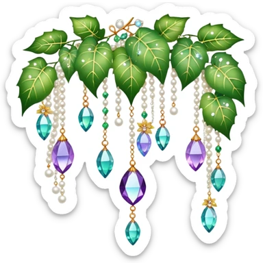 Exotic romantic Few cute tiny Iridescent glistening glossy sparkly shiny glittery hanging crystals pearls and beads and gemstones scenery scenic decorations with ivy and flowers sticker