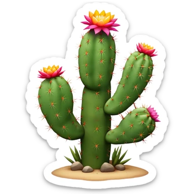 Cinematic Realistic Cactus Emoji, Tall and spiny, with thick, rounded stems covered in sharp spines. Bright flowers bloom at the tips of some branches, adding a pop of color against the desert backdrop. Soft glowing outline, capturing the essence of strength, survival, and desert beauty in a striking cactus! sticker