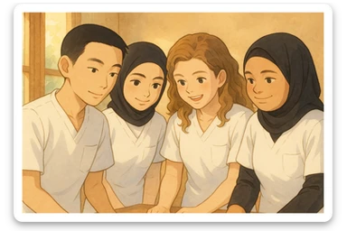 Four nursing students collaborating together in a warm and collaborative atmosphere, wearing white short-sleeve medical tunic-style tops with V-neck, no collar stand, no stethoscopes, no fabric extending from sleeves, no buttons, and a left chest pocket. Represent all four students together with a soft Ghibli-inspired background. sticker