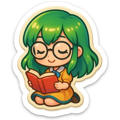 chibi anime girl with green hair and glasses, reading a book, retro stickers style sticker