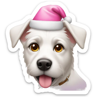 A white dog with a pink Santa hat sticker