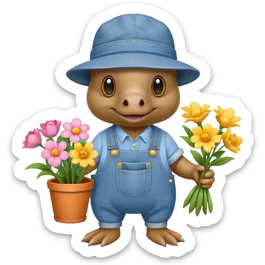 cartoon platypus with a gardening hat denim overalls and flowers sticker