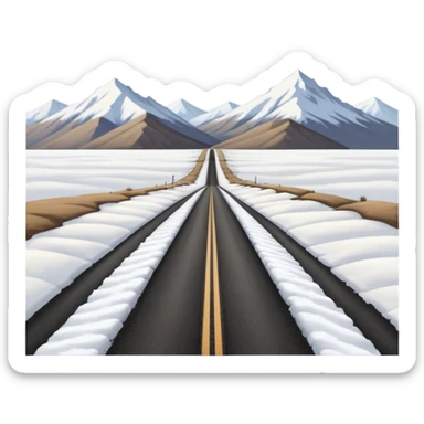 A long straight dirt road that disappears into the horizon half way up the screen from the perspective of someone sitting in the middle of the road looking down it. Flat snow fields on both sides of the road with huge looming mountains above the roads horizon line.  sticker
