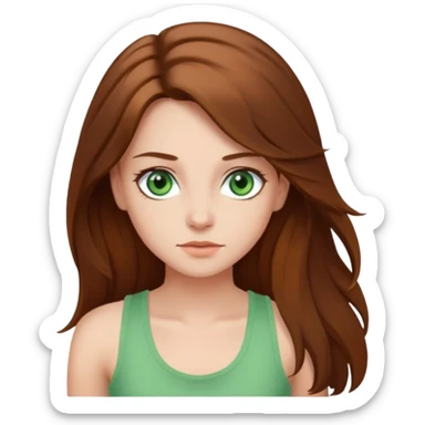 A girl with long brown hair, green eyes, and a white tank top; she doesn't have bangs. sticker
