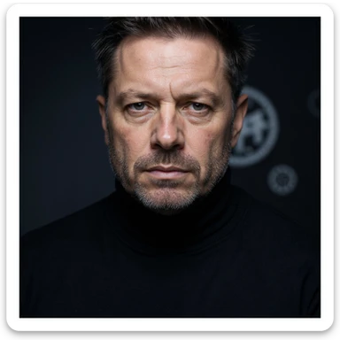 Vertical portrait of a man's face in a realistic style with an intense gaze. Include symbols of a protective barrier and regenerating cells. The atmosphere should convey strength and health during fasting. sticker