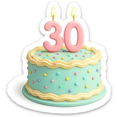 birthday cake with a candle in the shape of 30, pastel colors, cheerful, no text on cake sticker