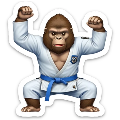 Gorilla in a jiu jitsu gi with a blue belt sticker