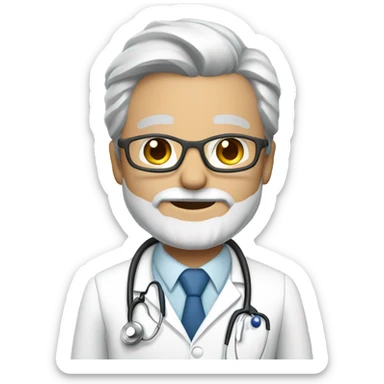doctor with glasses, gray hair and beard with white coat and stethoscope sticker