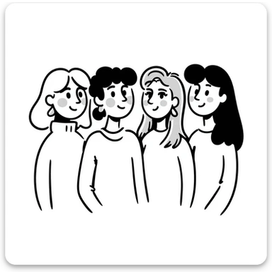 portrait of four young 25-year-old female friends up to waist, drawing style, no bangs, all with middle part hair. Chubby blonde with cheeks, slim brunette, normal weight blonde with wavy hair, slim brunette with very long hair. Light background, smiling expressions. sticker