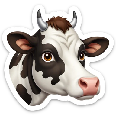 Cinematic Noble Black and White Cow Portrait Emoji, Poised and regal, with a large, sturdy build and a striking, well-groomed coat of pure black accented by crisp white patches, deep-set soulful brown eyes, Simplified yet sharp and sophisticated features, highly detailed, glowing with a soft, dignified glow, high shine, intelligent and calm, stylized with an air of modern elegance, focused and attentive, soft glowing outline, capturing the essence of a watchful and confident bovine guardian, so majestic it feels as though it could stride out of the screen with effortless authority! sticker