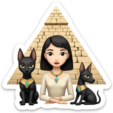 Kindly mannered real Audrey Hepburn cleopatra Protecting silky black-haired tiny slave statuette scale feral Anubis and pyramid scenery stone-age cracked irregular dwelling  sticker