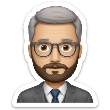 Create a figure that reflects an experienced entrepenurr but who has professional and elegant clothing, without hair, grey glasses, brown eyes and an unkempt beard  sticker
